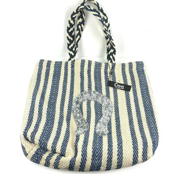 Circus Sam Edelman Cooper Tote Bag Blue Anchor Cotton Strip Horseshoe Purse New - Picture 1 of 11